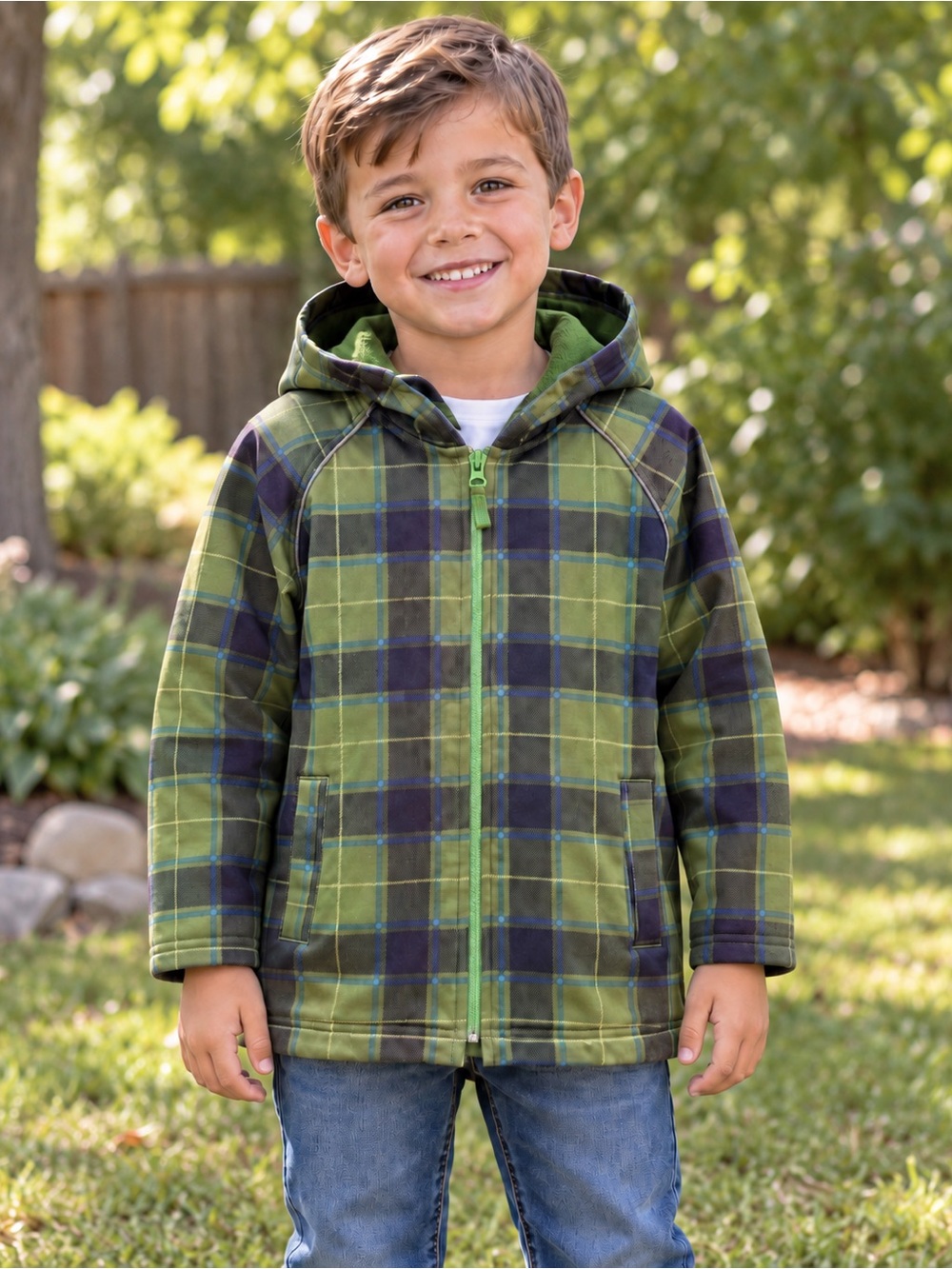 Boys Green Plaid Hooded Fleece Lined Jacket Size 4-5